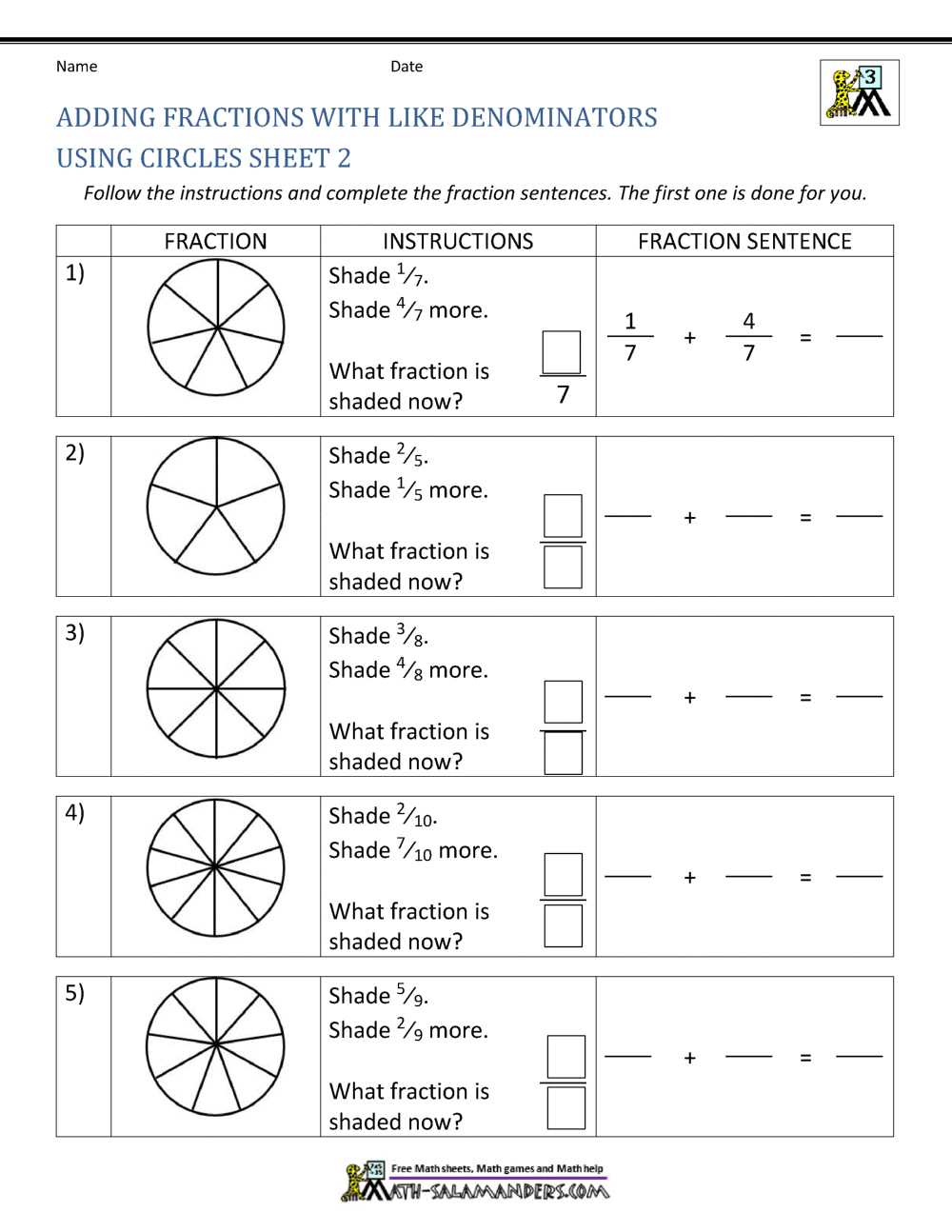 add fractions with like denominators worksheets