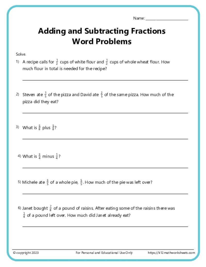 adding and subtracting fractions with like denominators word problems worksheets