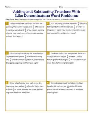 adding and subtracting fractions with same denominator worksheet