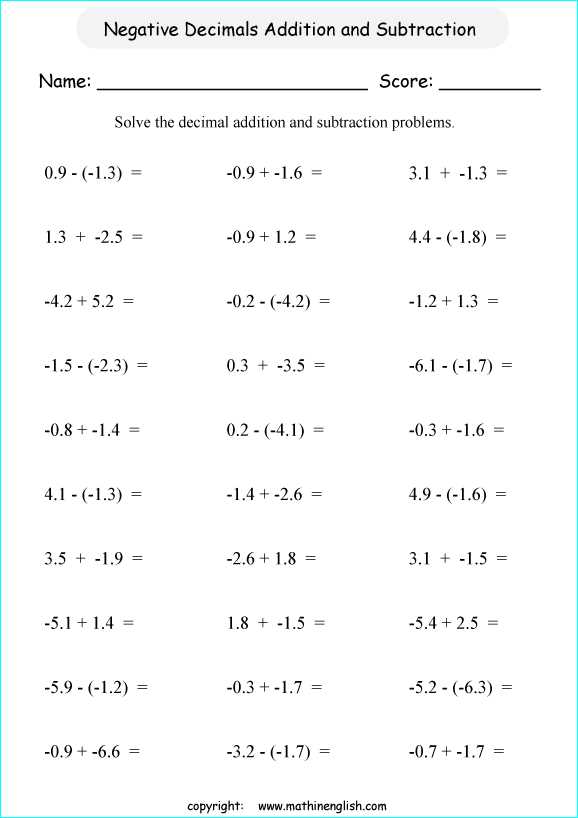 adding and subtracting positive and negative decimals worksheets