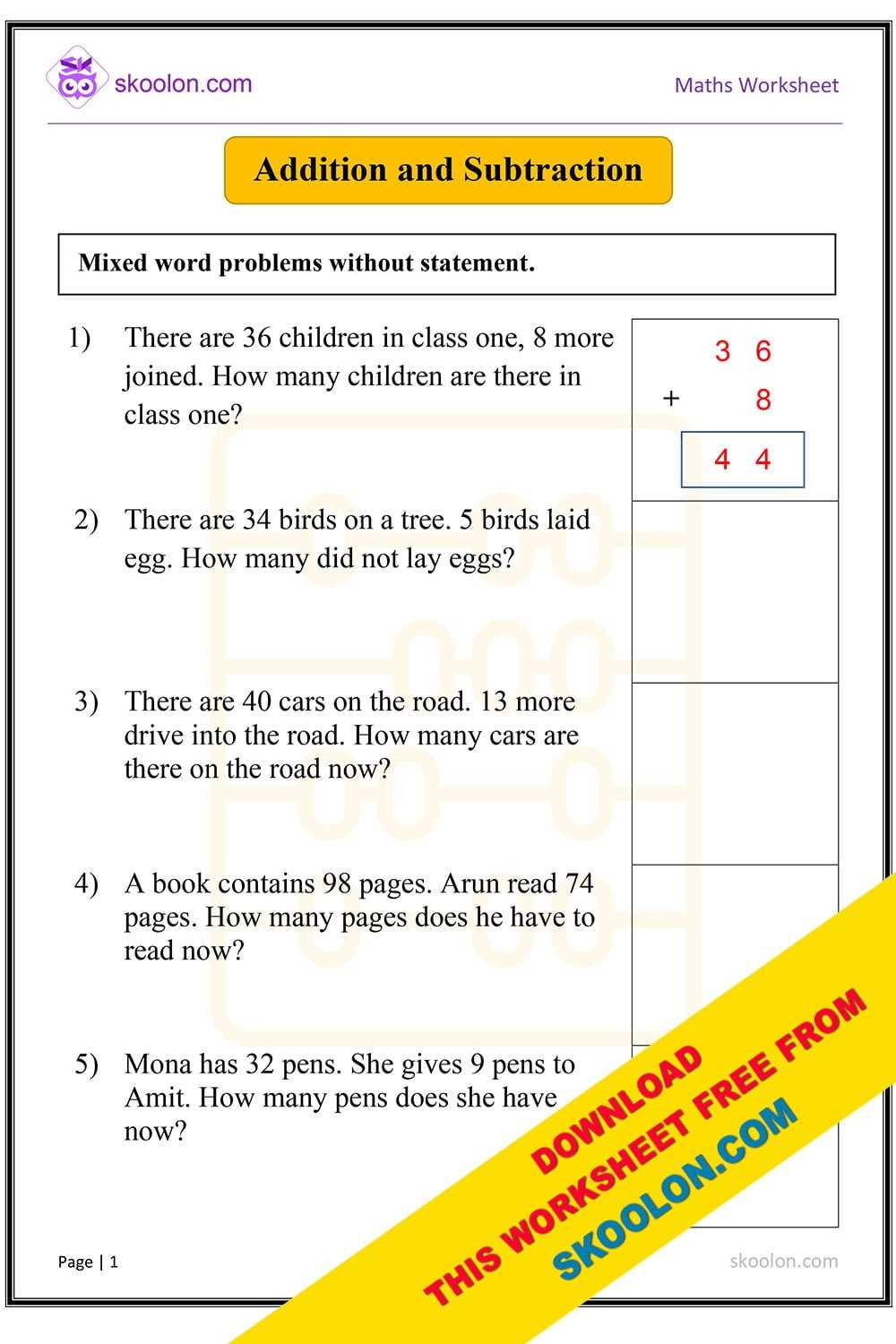 adding and subtracting whole numbers word problems worksheets