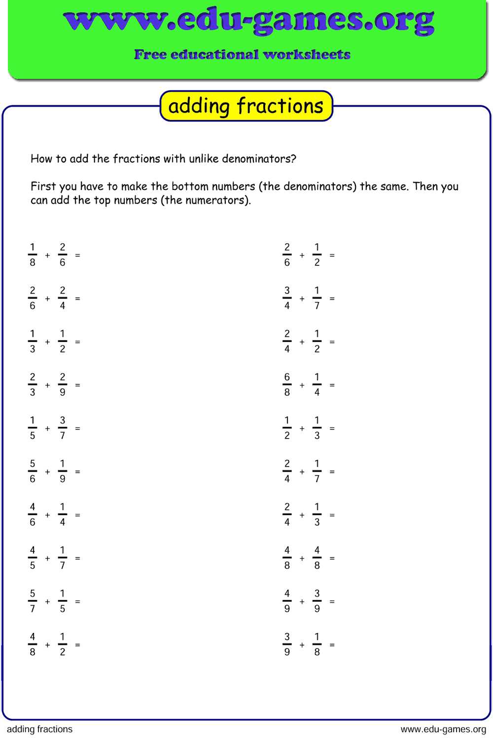 adding fractions with common denominators worksheets