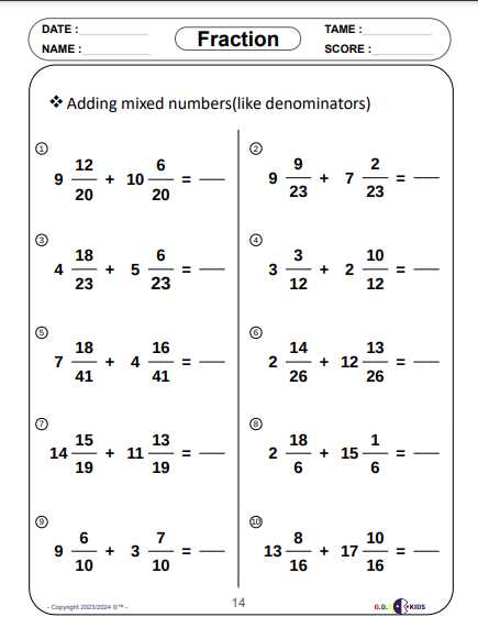 adding mixed numbers with the same denominator worksheet