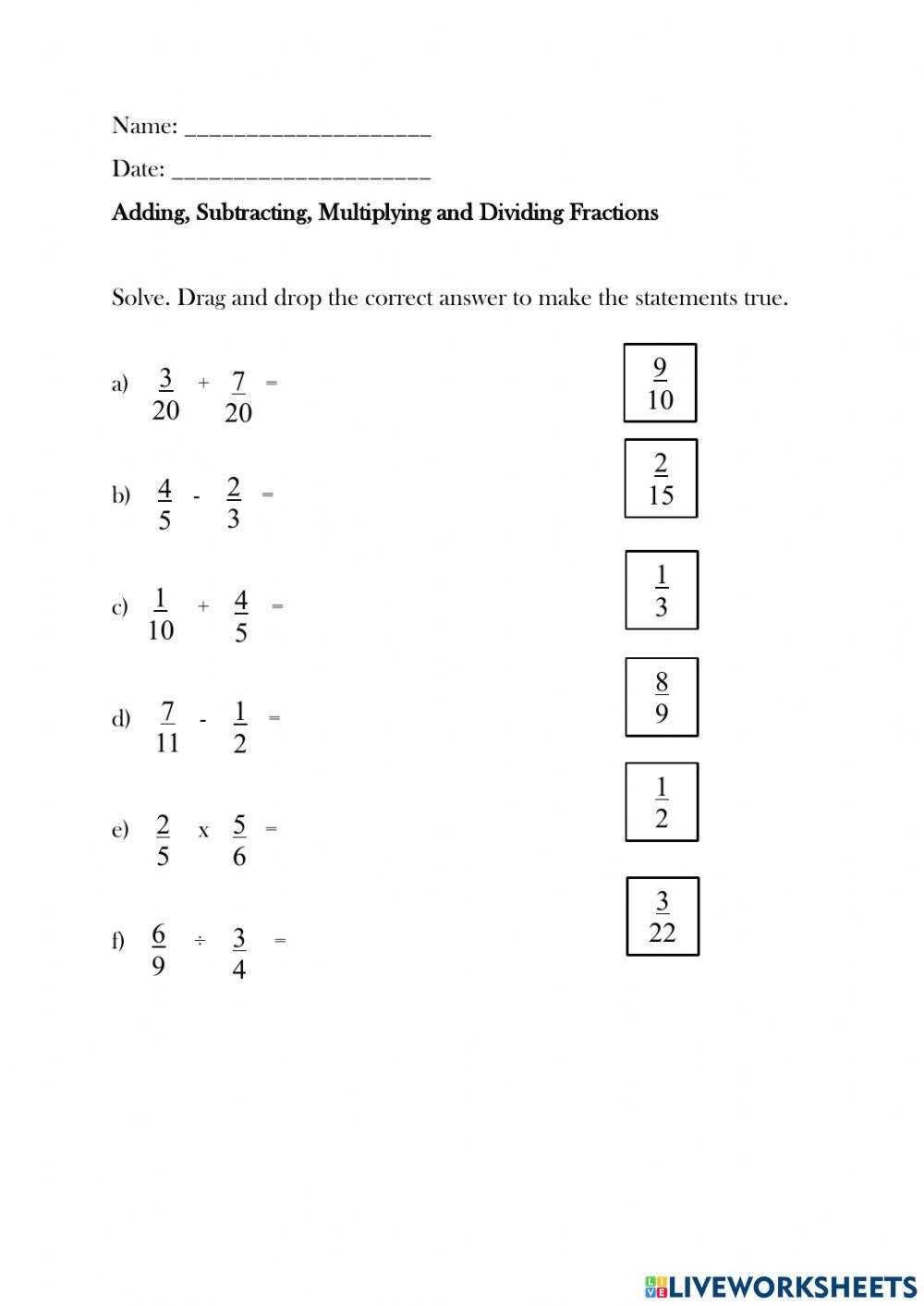 adding multiplying dividing and subtracting fractions worksheet