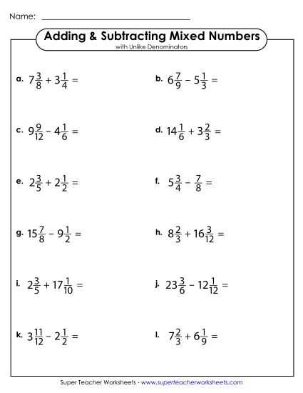 adding subtracting fractions and mixed numbers worksheet