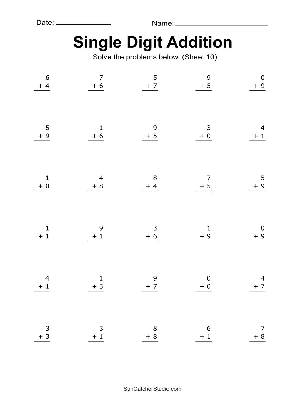 addition 1 10 worksheet