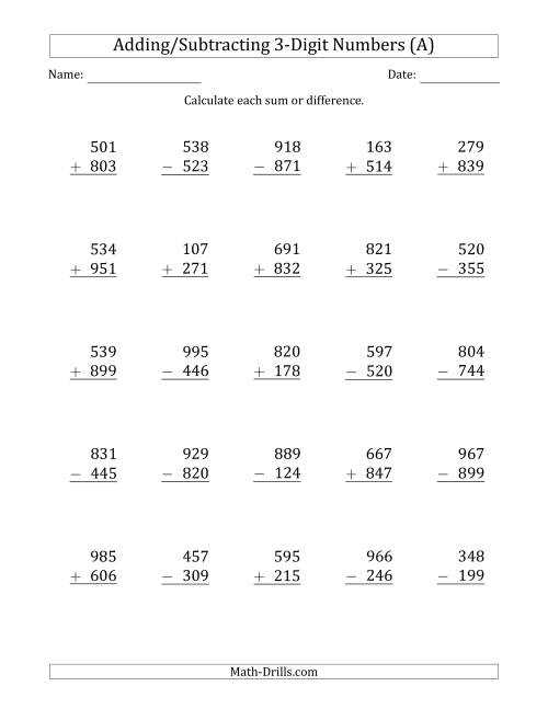 addition and subtraction 3 digits worksheet