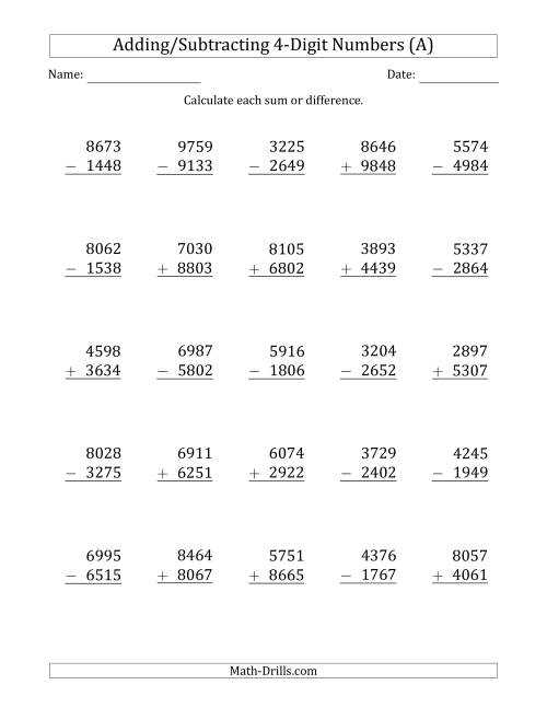 addition and subtraction 4 digit worksheets