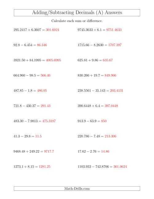 addition and subtraction decimal worksheet