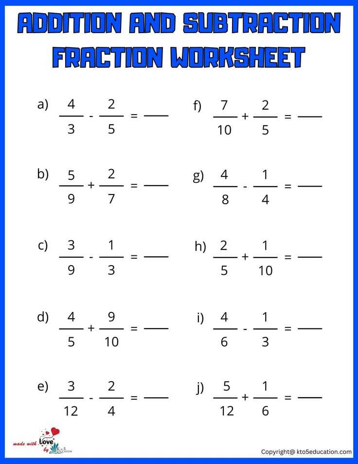 addition and subtraction fractions worksheets