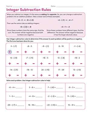 addition and subtraction integers worksheet grade 7