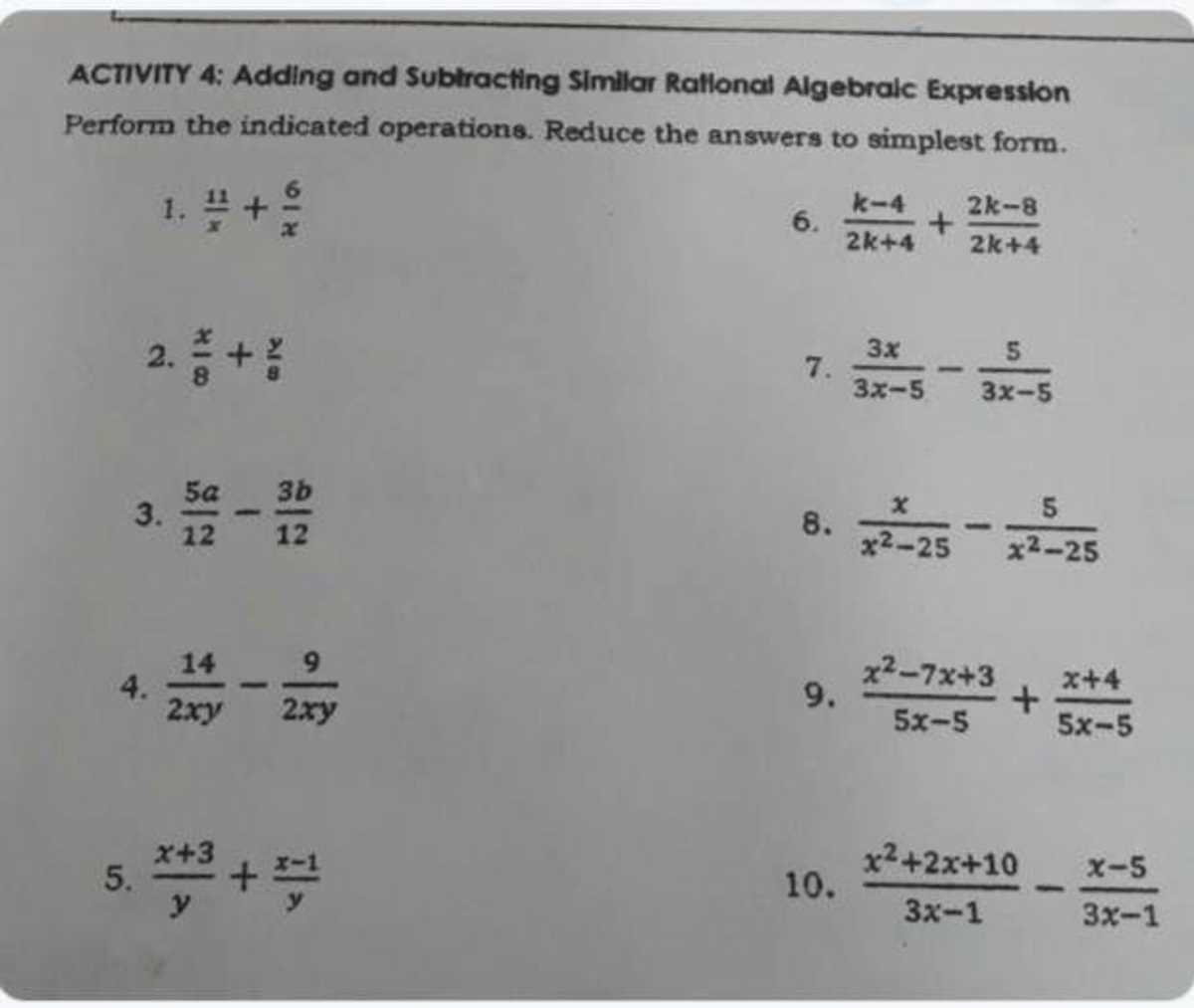 addition and subtraction of rational expressions worksheet
