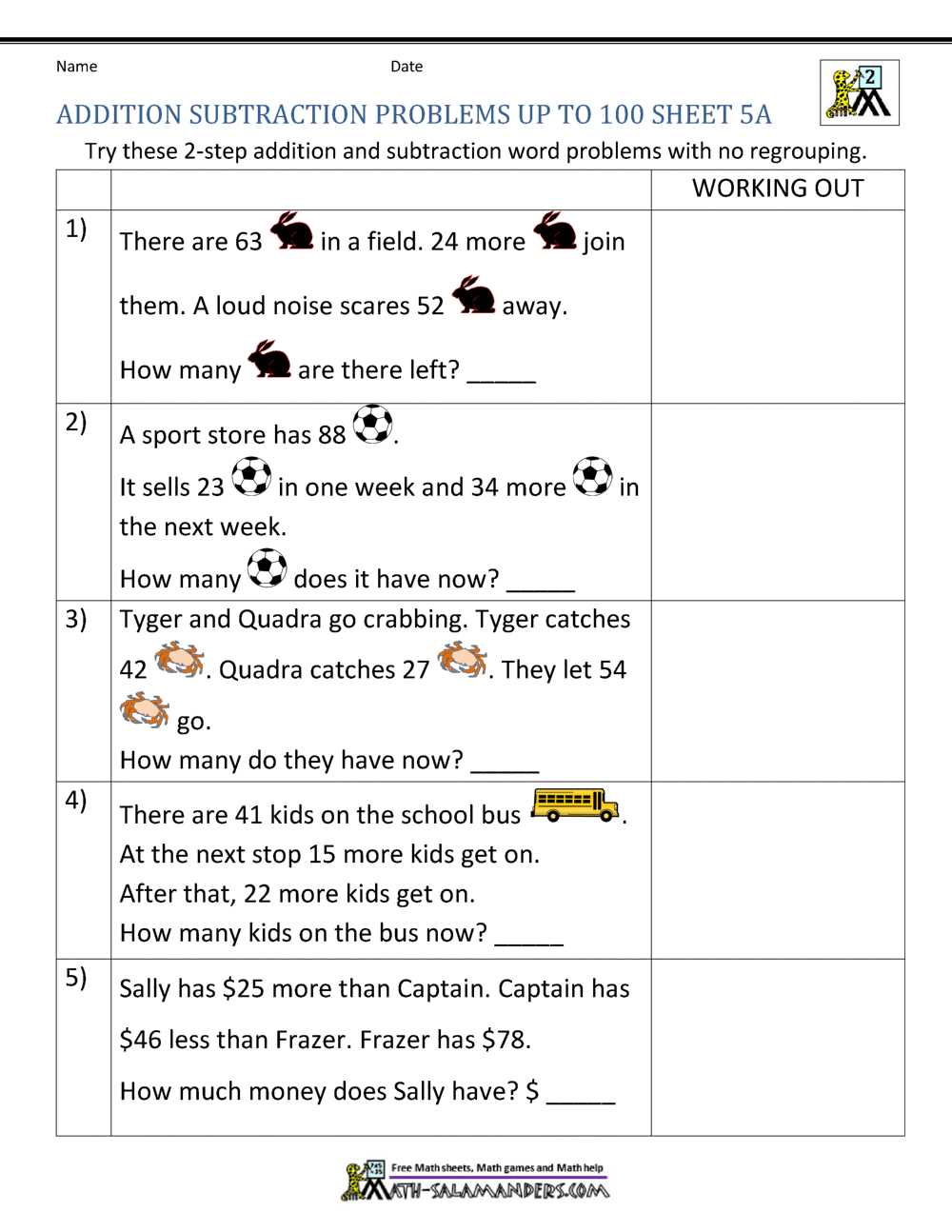 addition and subtraction problem solving worksheets