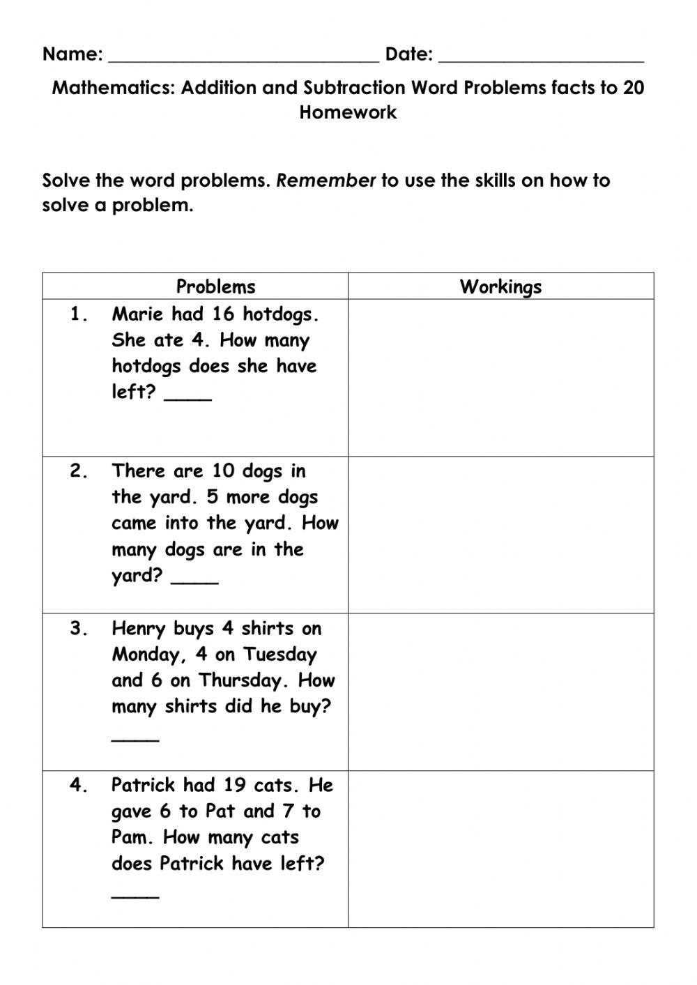 addition and subtraction problem solving worksheets