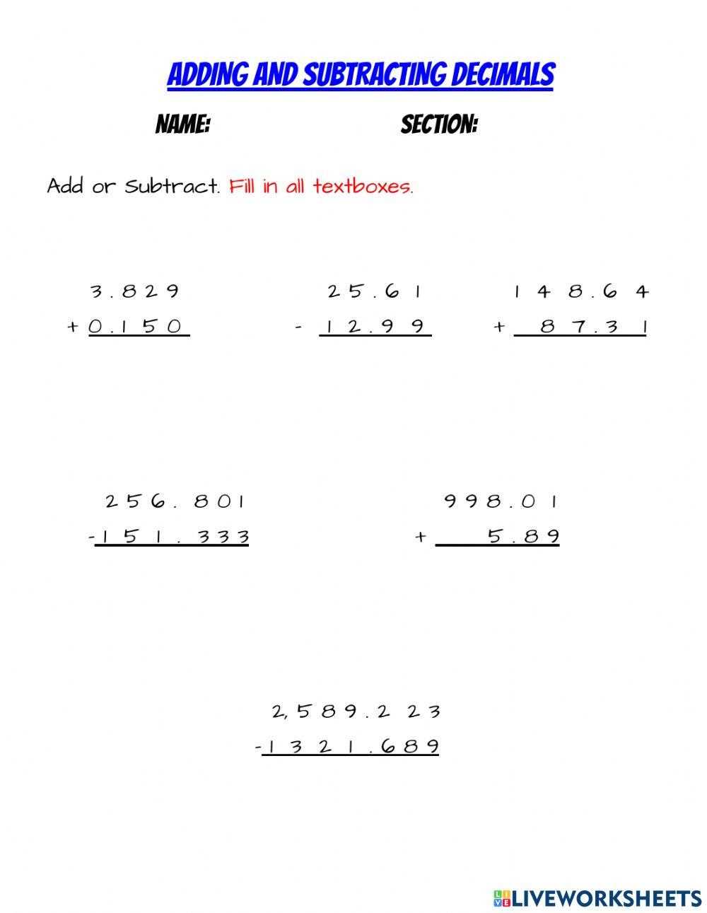 addition and subtraction worksheets for grade 5