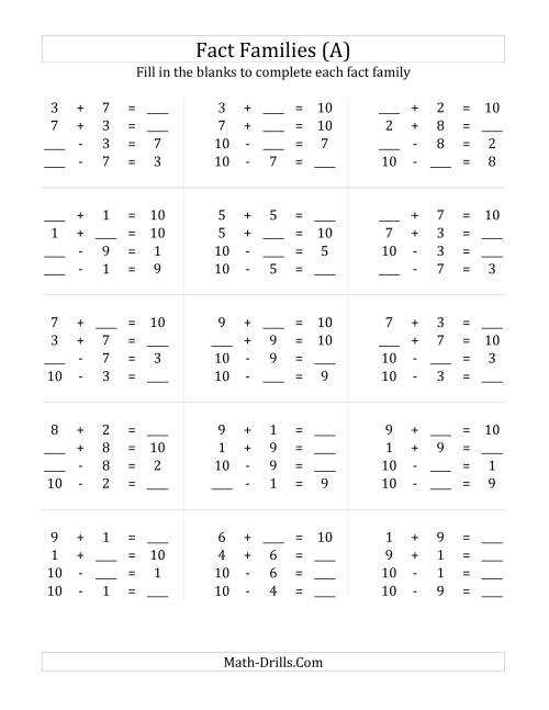 addition facts to 10 worksheet