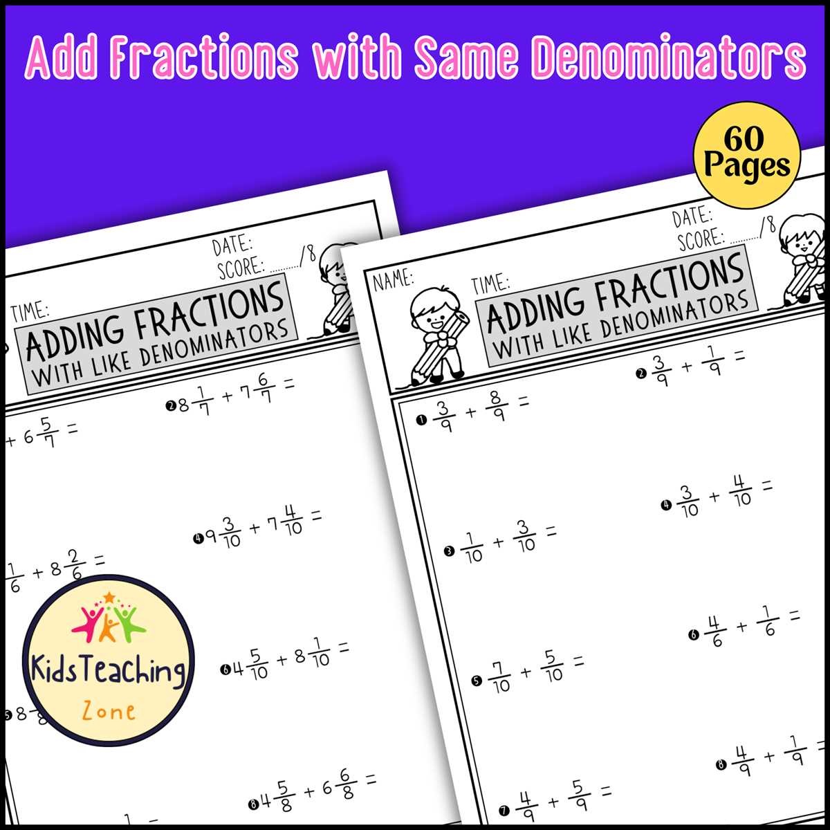 addition of fractions same denominator worksheet