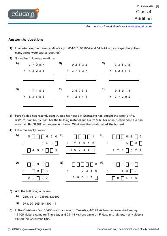 addition worksheet for class 4th