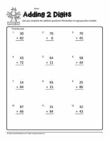 addition worksheets 2 digits without regrouping