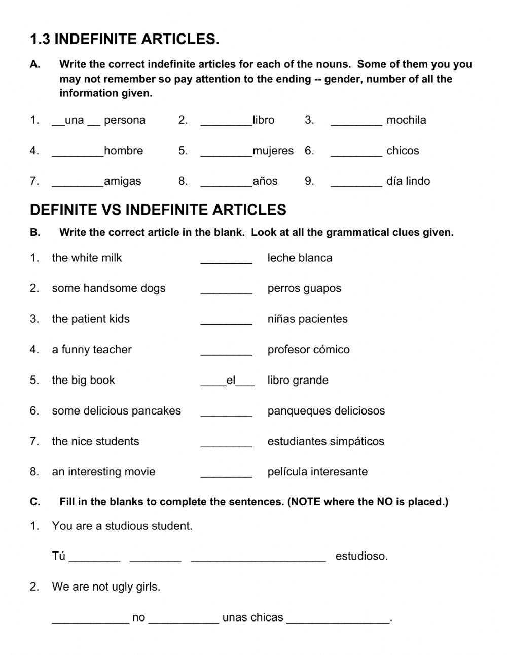 adjective and articles worksheets