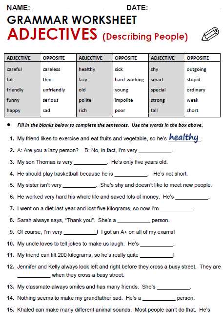 adjective noun worksheet