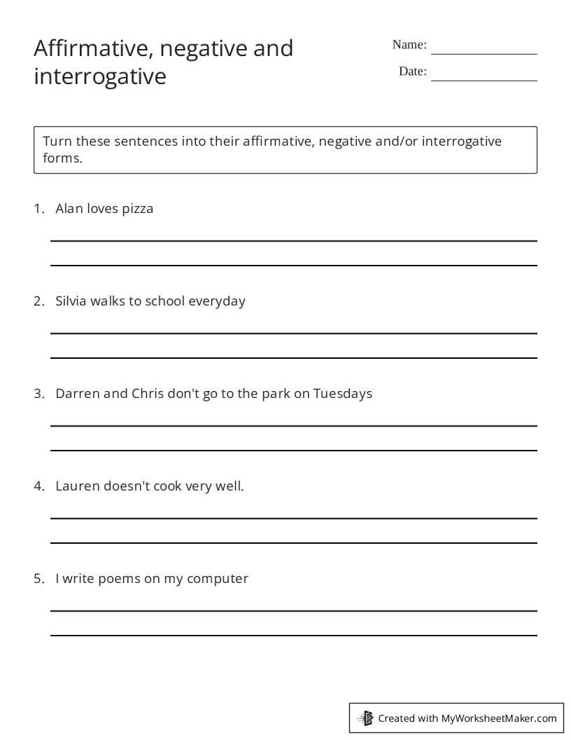 affirmative negative and interrogative sentences worksheets