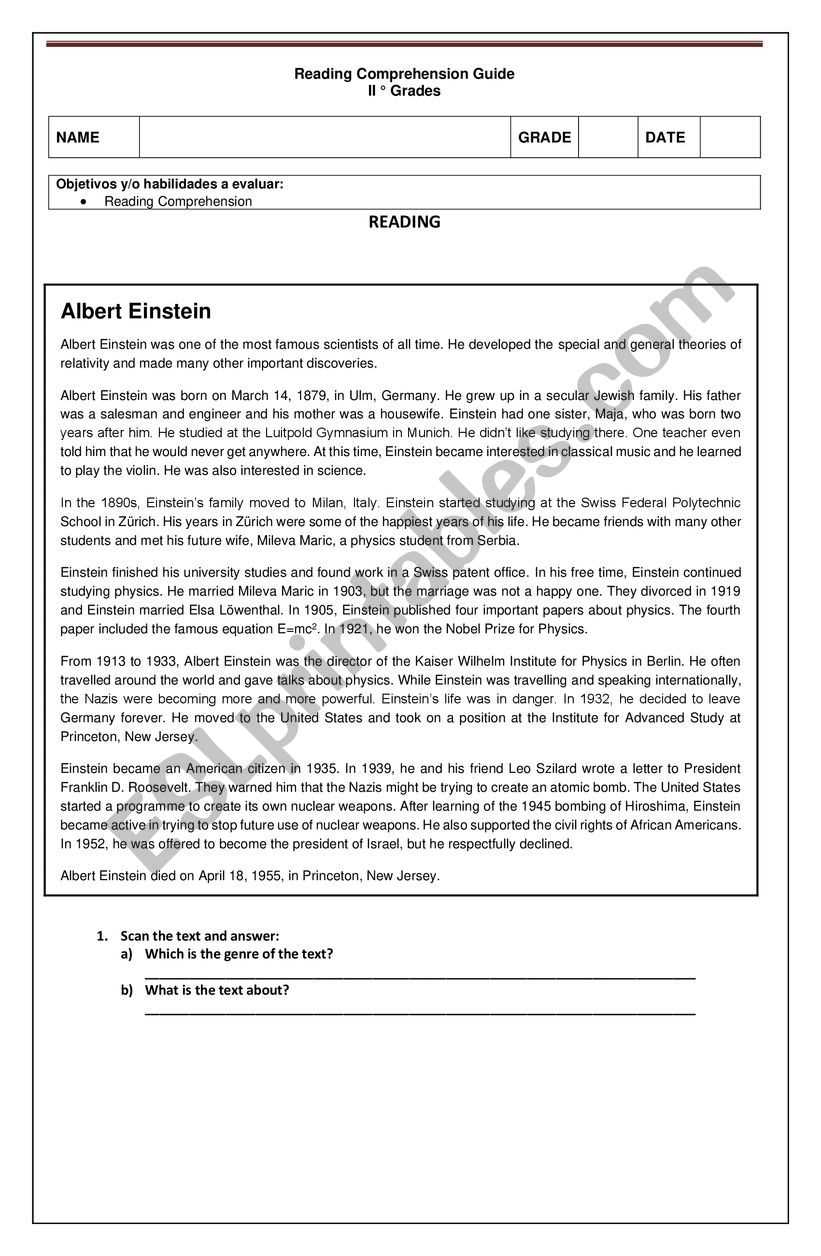 albert einstein reading comprehension worksheet