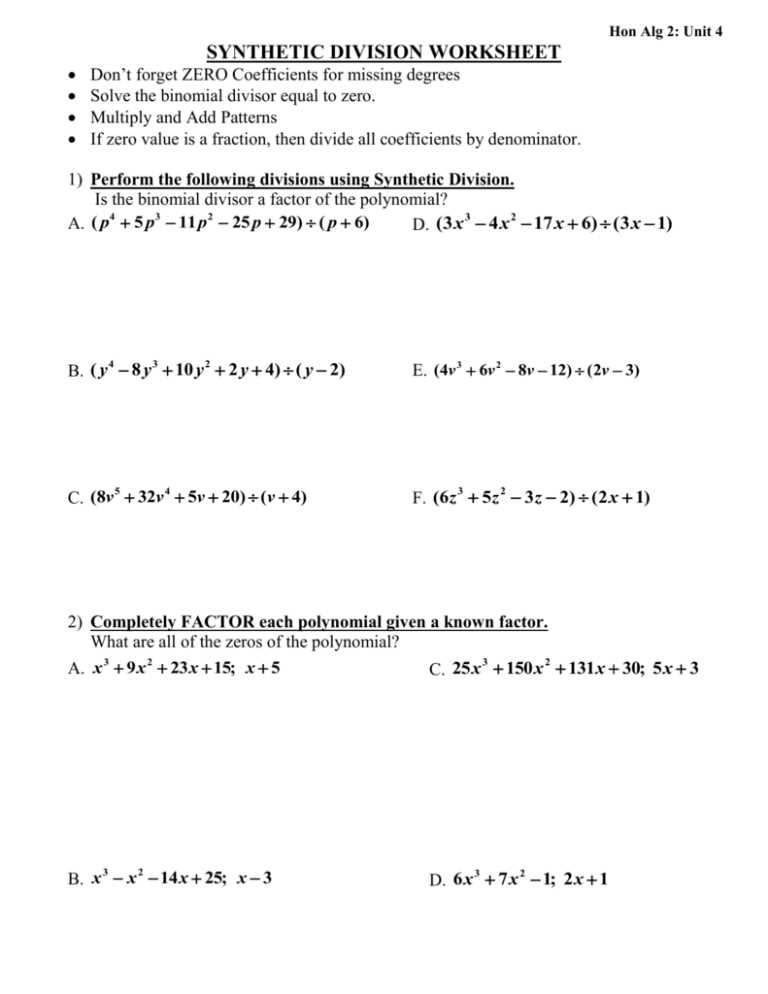 algebra 2 dividing polynomials worksheet