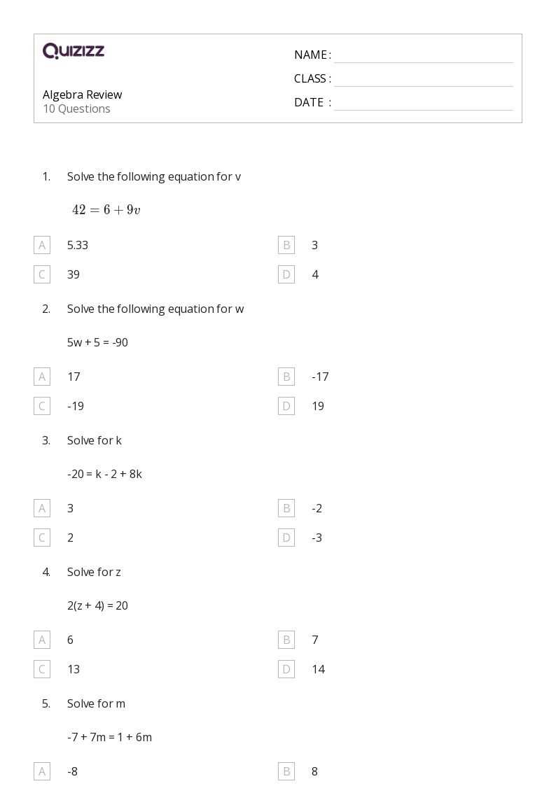 algebra review worksheets