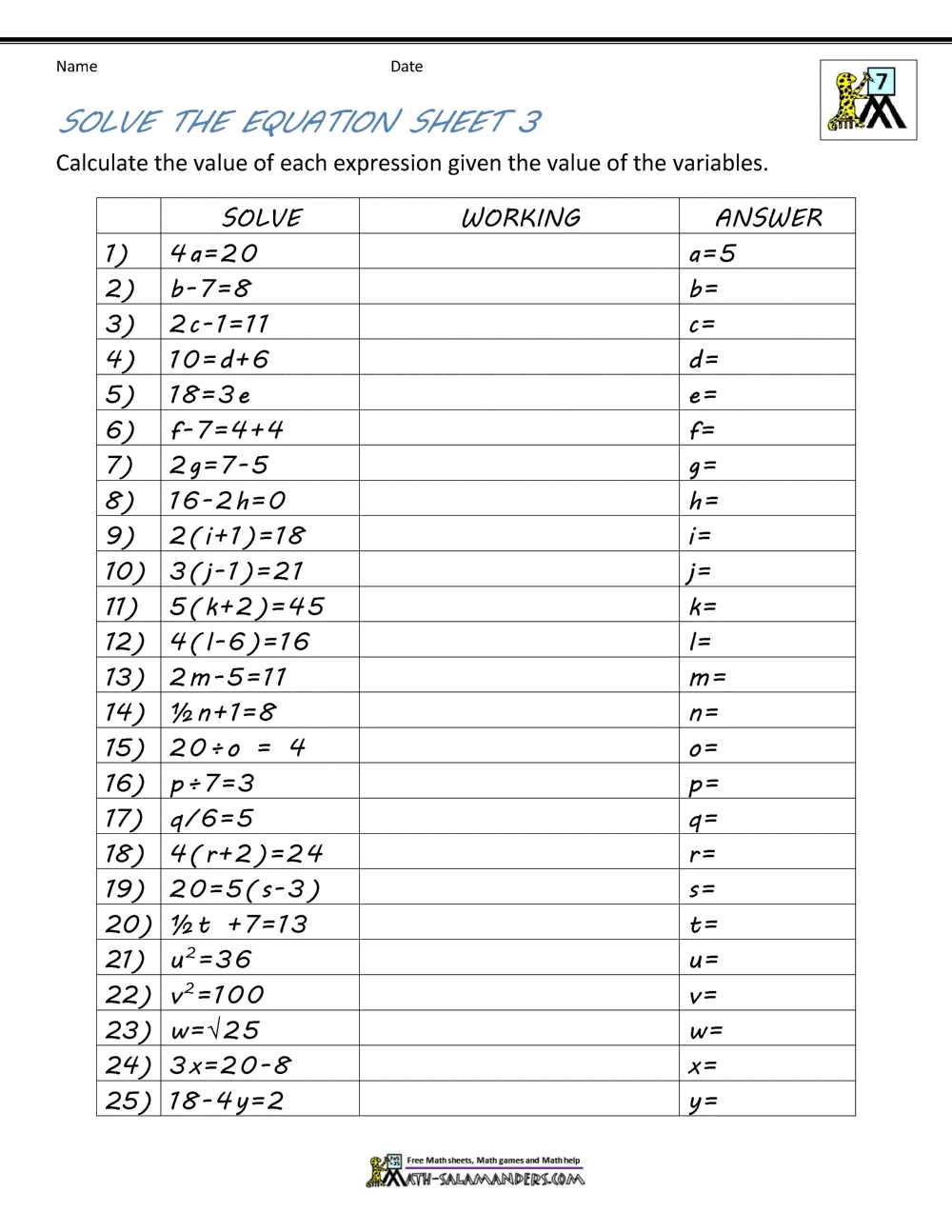 algebra review worksheets