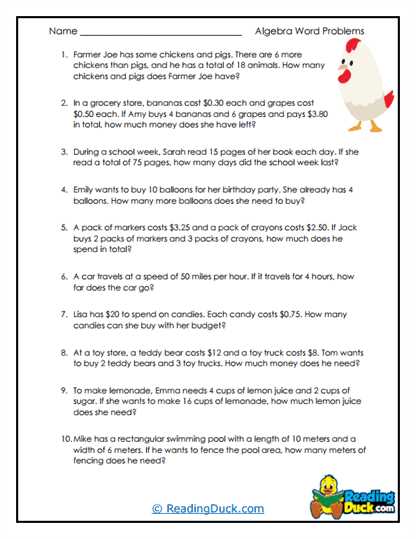 algebra story problems worksheet