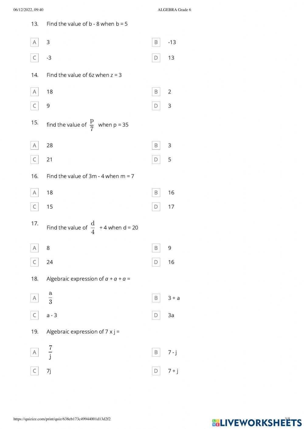 algebra worksheets for 6th graders