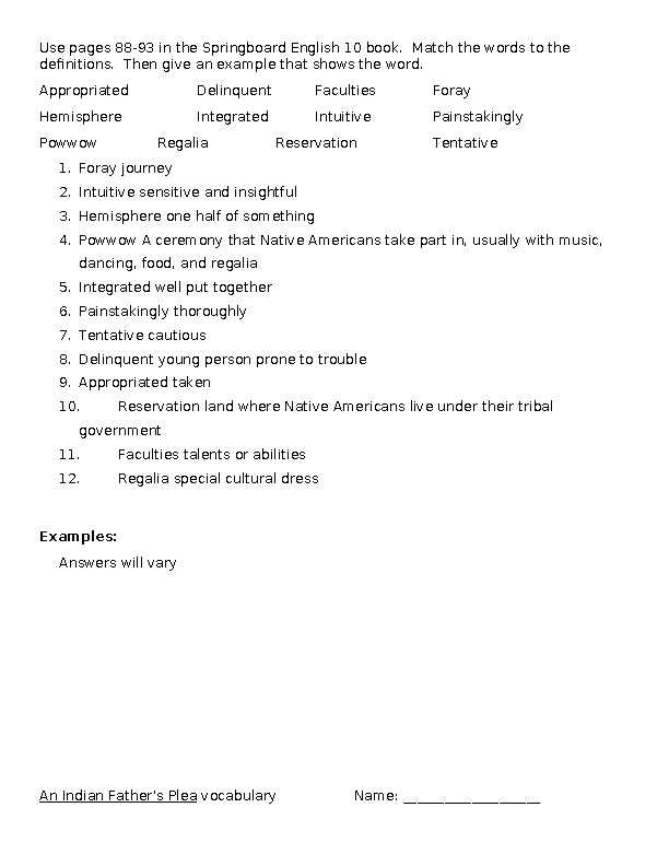 an indian fathers plea worksheet
