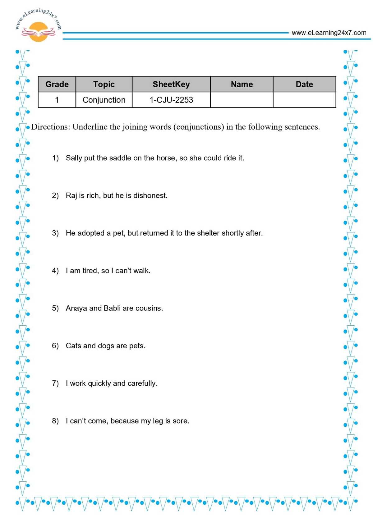 and conjunction worksheet for class 1