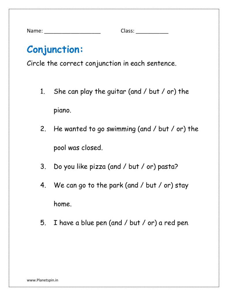 and conjunction worksheet for class 1