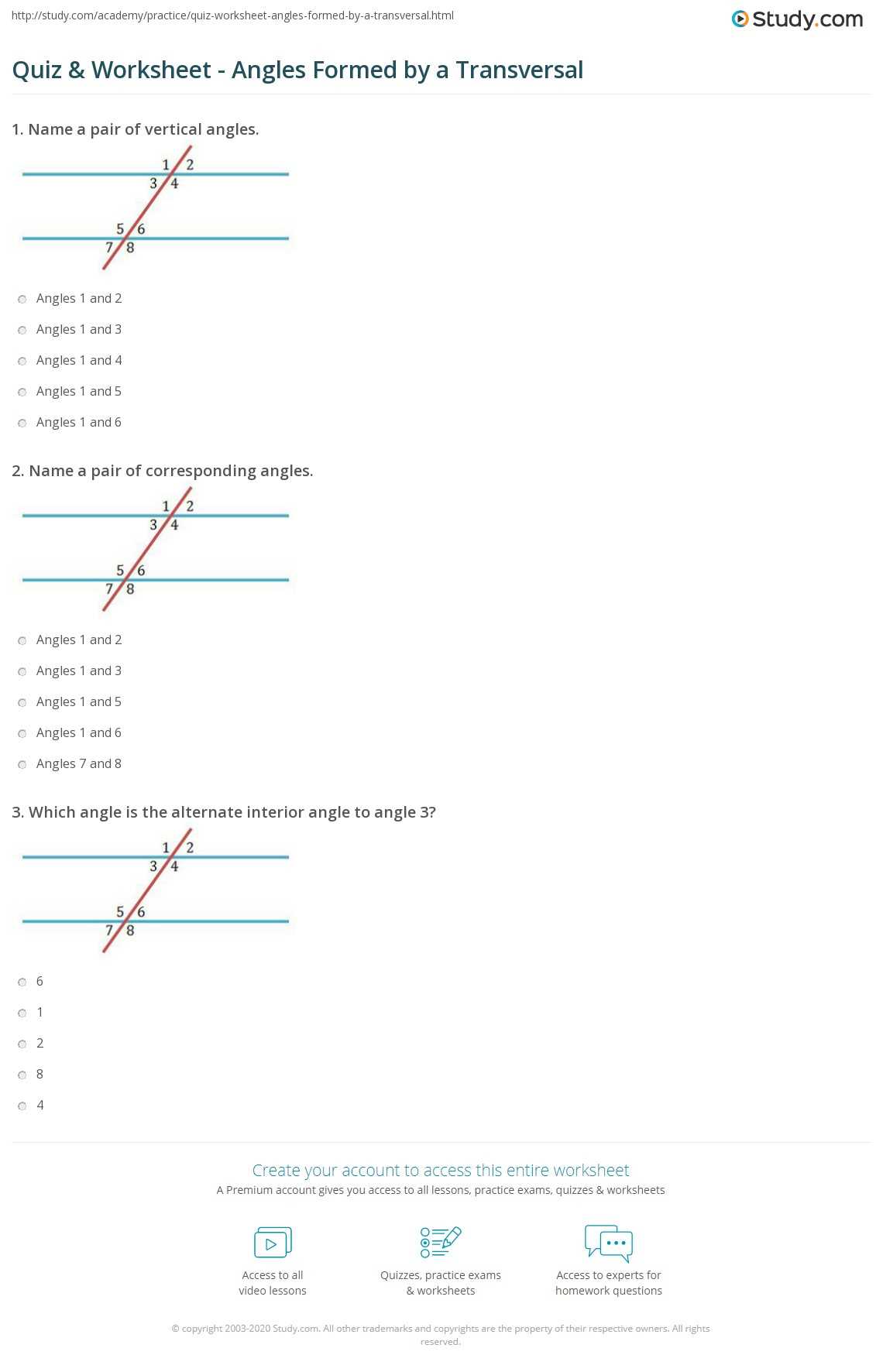 angles formed by transversals worksheet