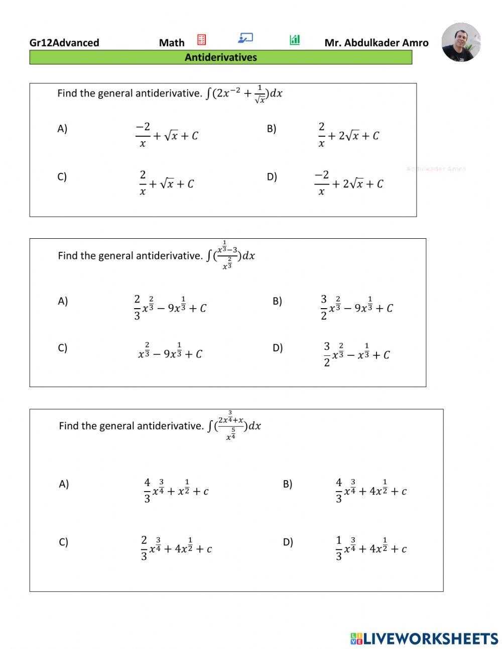 antiderivative worksheet