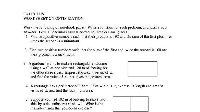 ap calculus optimization worksheet