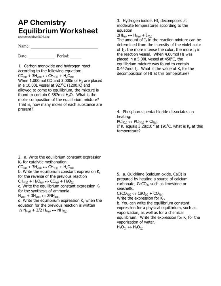 ap chemistry equilibrium worksheet