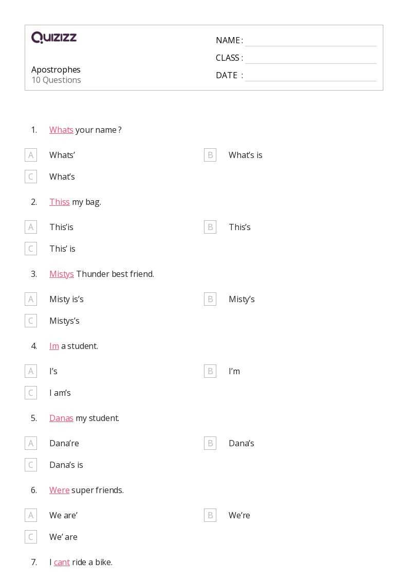 apostrophe worksheet for class 4