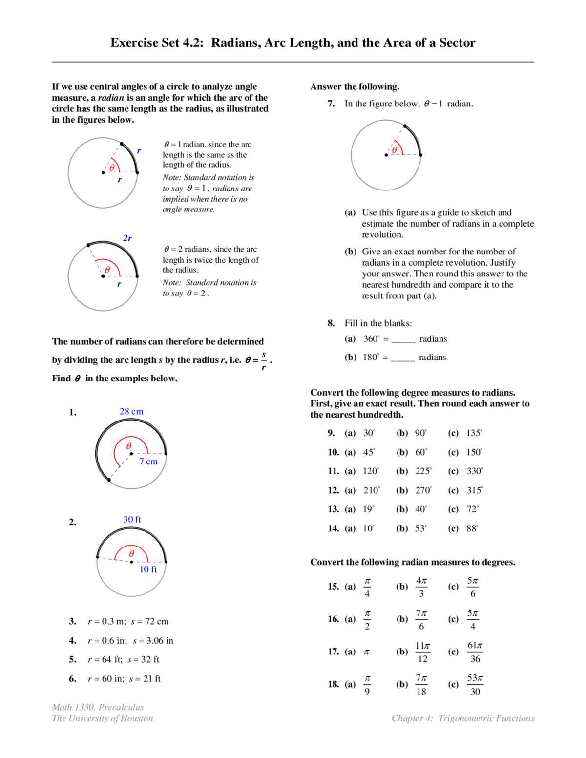 arc length and sector area worksheet