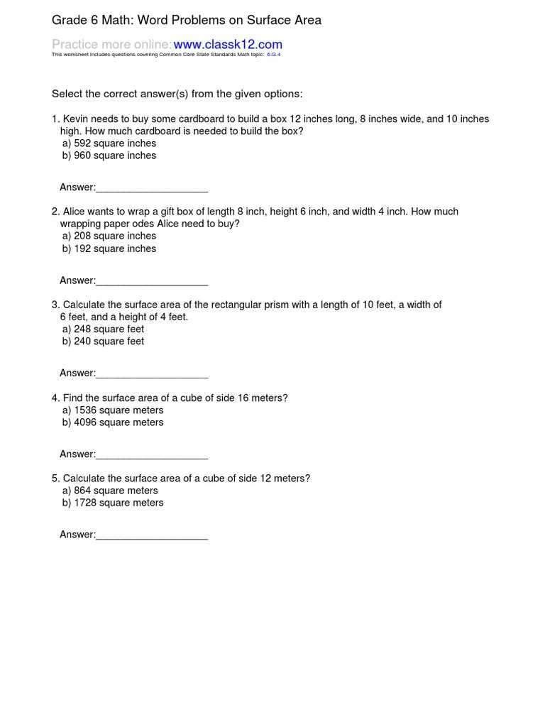 area and surface area worksheets grade 6