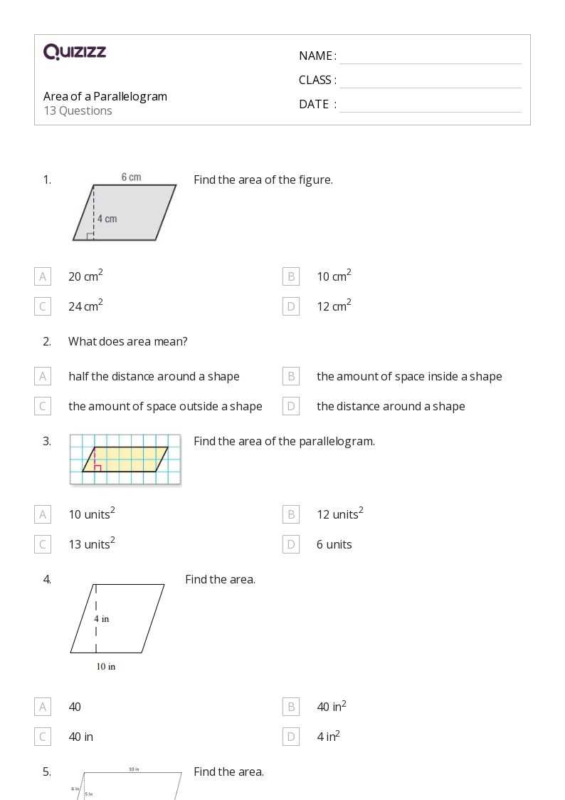 area of a parallelogram worksheet grade 6