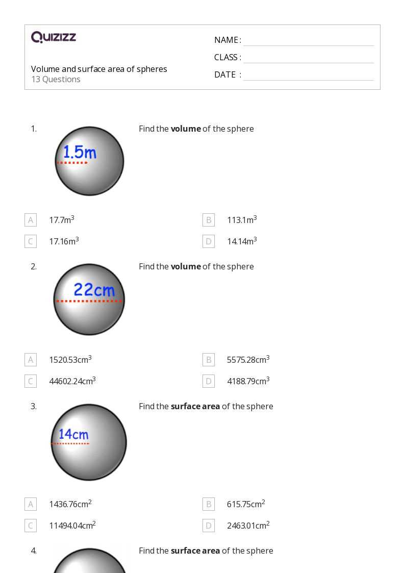 area of a sphere worksheet