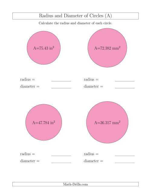 area of circle worksheet