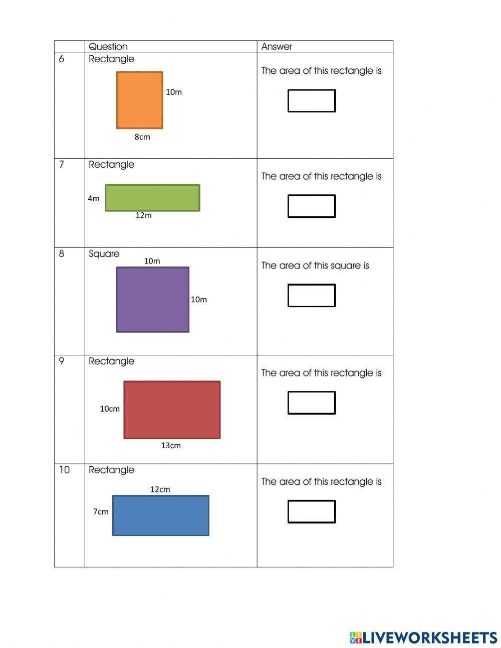 area of square and rectangle worksheet