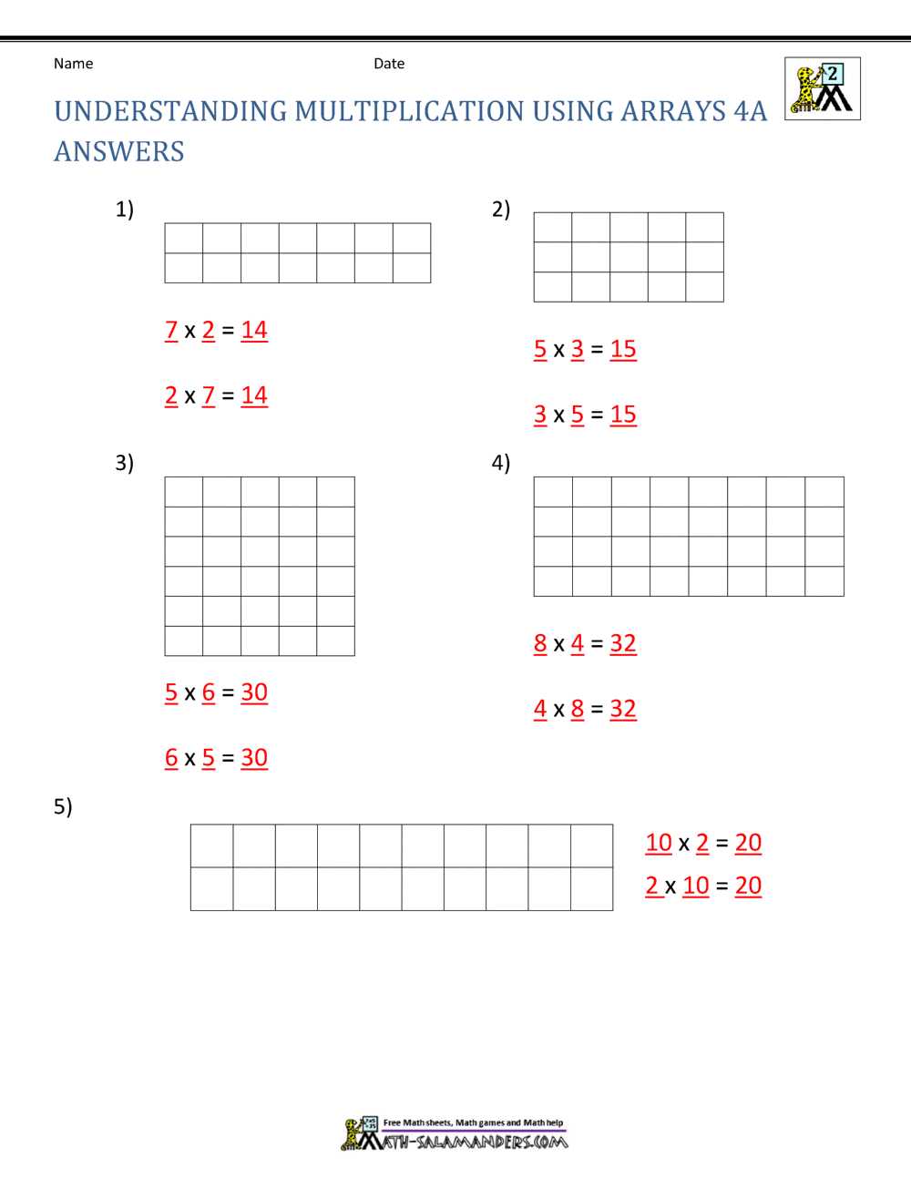 array multiplication worksheets