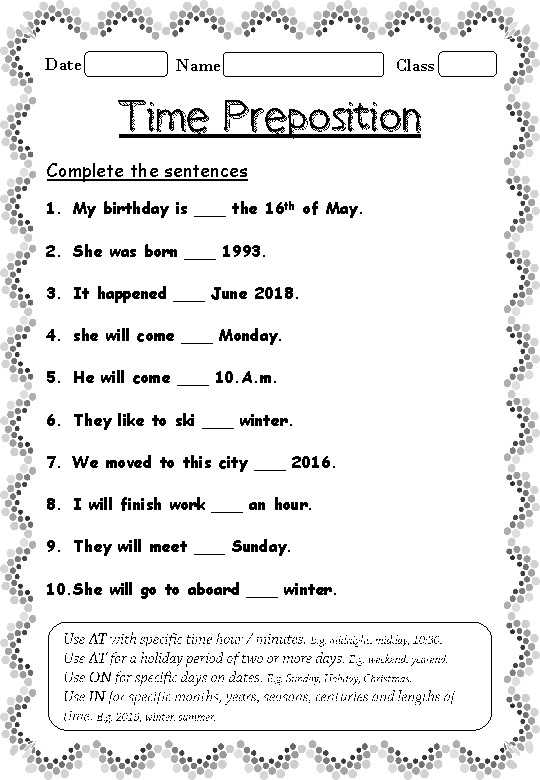 at on in prepositions of time worksheet