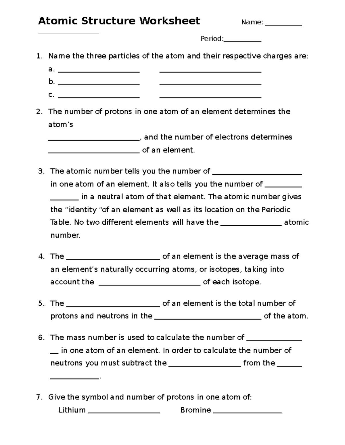 atom and element worksheet