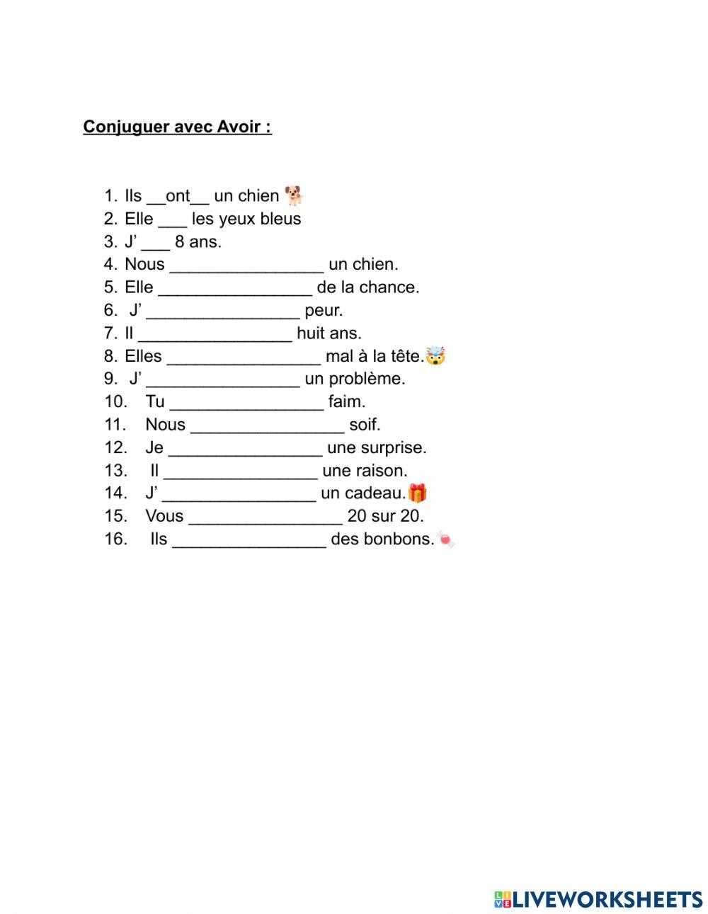 avoir and etre conjugation worksheets